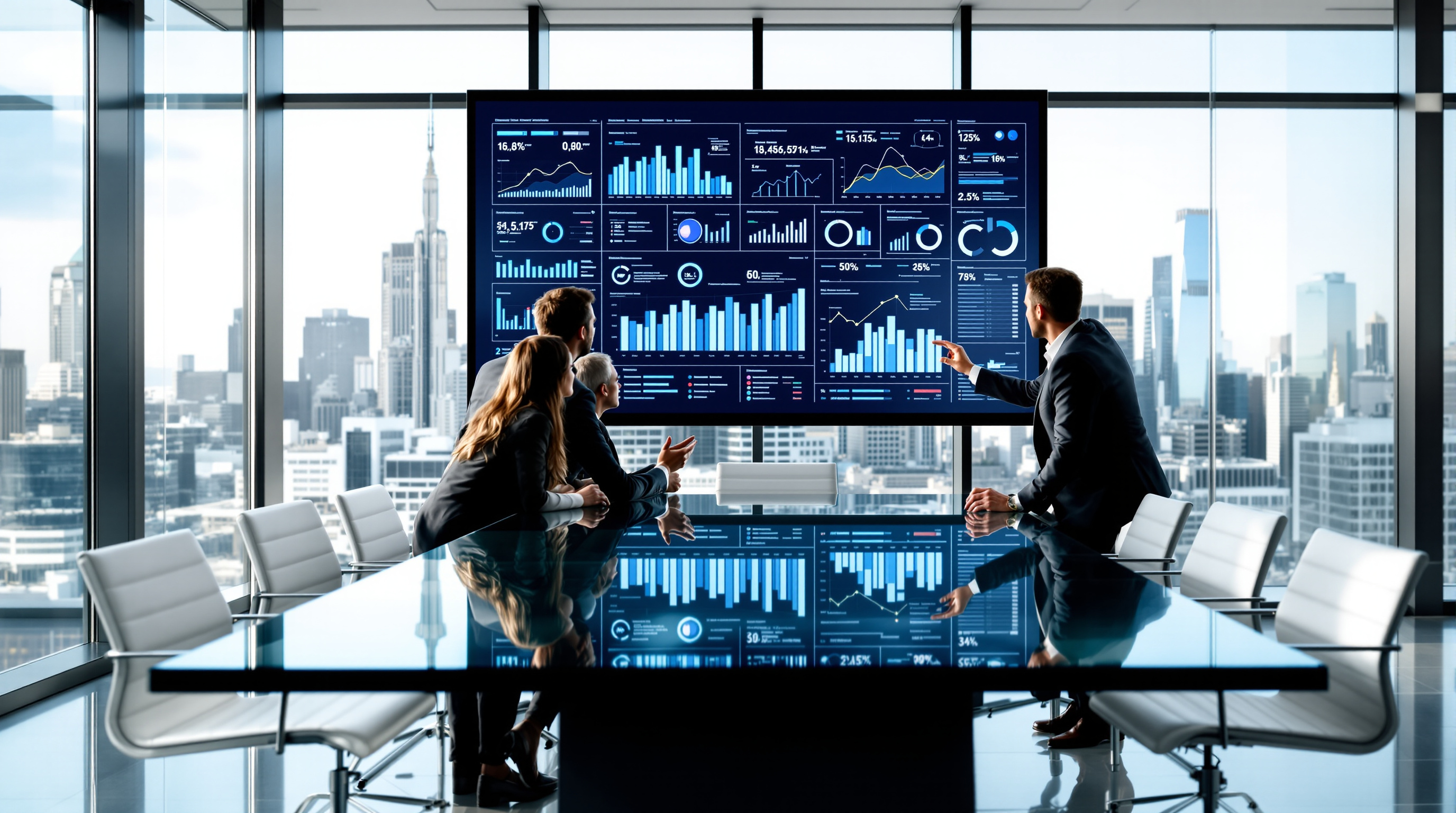 Marketing team analyzing link building strategy and performance data